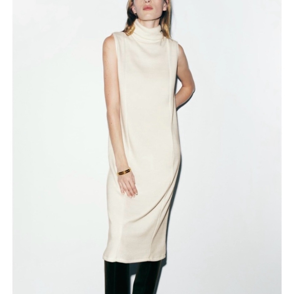 ZARA Sleeveless Cream Turtleneck Knit Dress